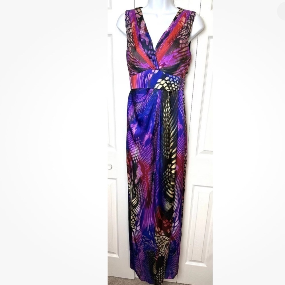 Boston Proper Mirrored Anaconda Maxi low cut &slit Dress, faux wrap women’s 2 - Picture 2 of 9